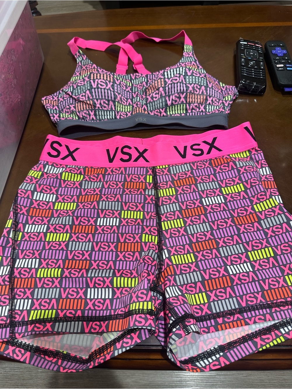 VSX Neon Pink & Yellow Patterned Sports Bra and Shorts Set